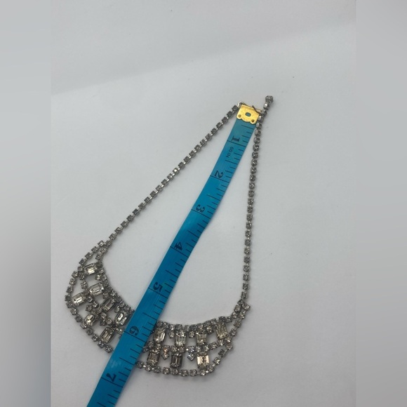 Vtg Rhinestone Double Row Silver Tone Metal Bib Necklace w Hook Clasp / 11” - Picture 10 of 10